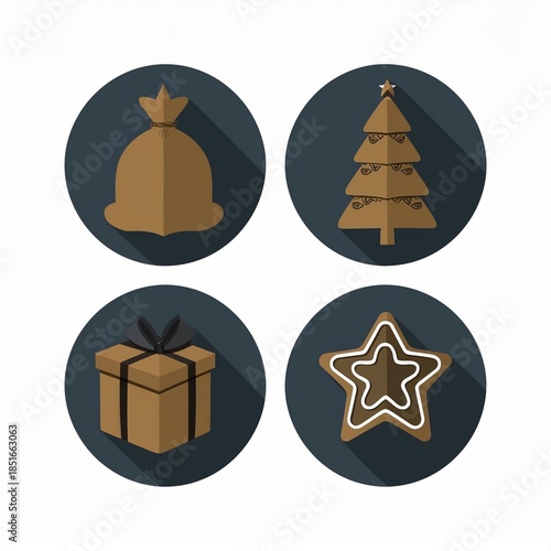 Christmas holiday icon set featuring festive winter elements such as candy cane, snowman, gift box, bell, star, gingerbread, ornaments and decorations.