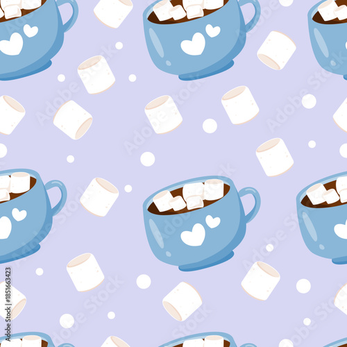 Hot chocolate seamless pattern with marshmallow and snow. Cute and warm beverage cartoon. Can be used for wallpaper, paper wrapping and fashion fabric
