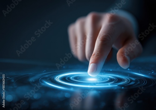 Finger touching glowing blue digital interface creating ripples
