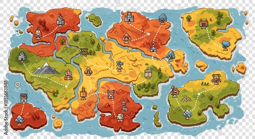 Illustrated Fantasy World Map In Pixel Art Style With Cities