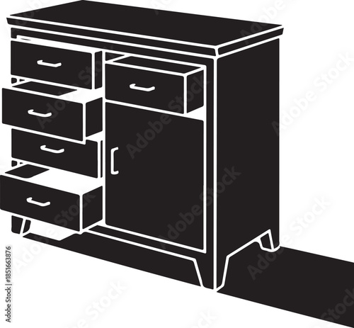 Black dresser with multiple drawers and a cabinet door