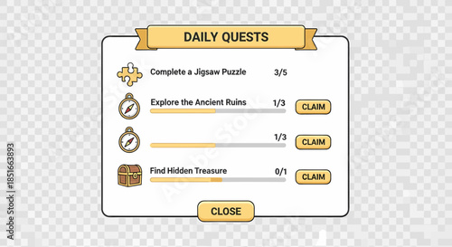 Interface Of Game Daily Quests With Puzzle And Treasure Elements