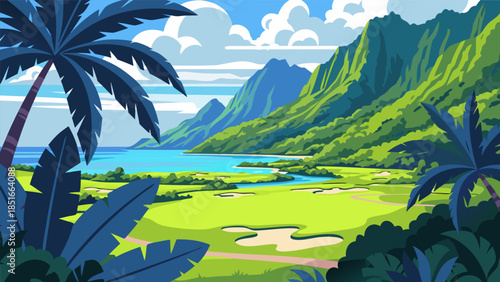 Tropical Golf Course with Lush Green Fairways and Majestic Mountains Overlooking the Ocean