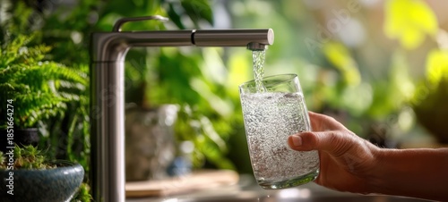 The Glass of Water Being Filled from a Kitchen Faucet in Sunlight