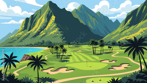 Tropical Golf Course Paradise Scenic Mountain Backdrop and Ocean Views