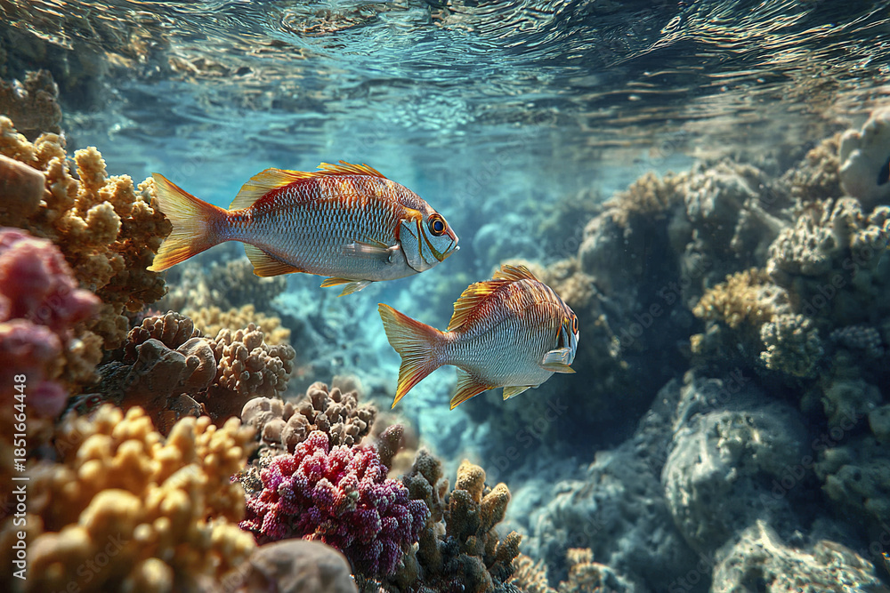 Fototapeta premium Underwater coral reef with two colorful fish swimming near vibrant coral formations in clear blue ocean water, showcasing natural marine life and peaceful aquatic environment