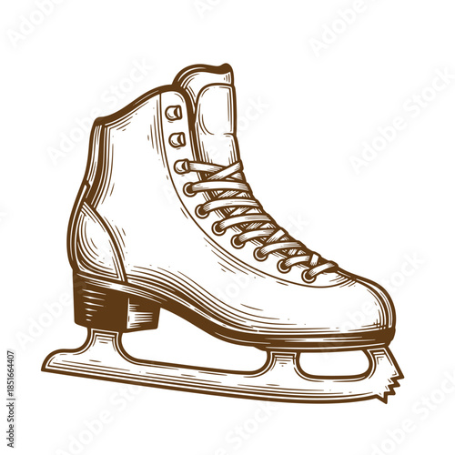 Intricate sketch vintage illustration of a single ice skate on a pure white background
