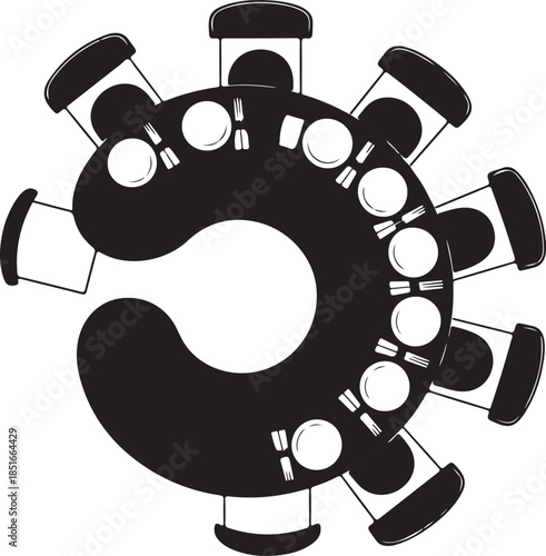 Dining table with chairs set for meal in black and white illustration