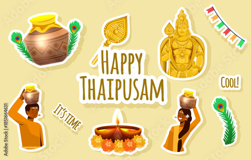 Thaipusam Festival Sticker Collection with Lord Murugan Symbols, Devotees and Traditional Ornaments