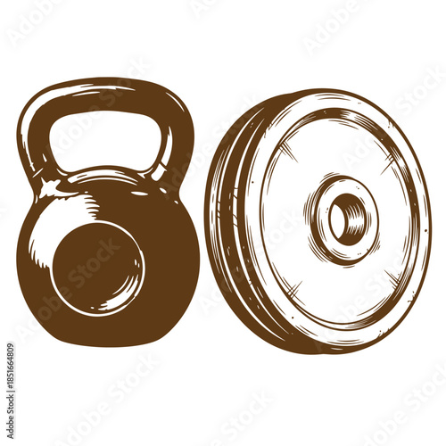 Sketch style illustration of a kettlebell and weight plate representing fitness and exercise concepts