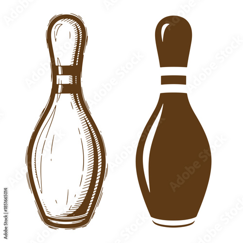 Two illustrated bowling pins in sketch style representing sport and recreation