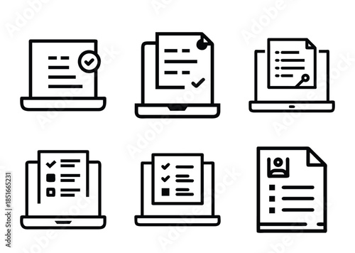 Set of isolated line drawings showcasing online document submission and management concept