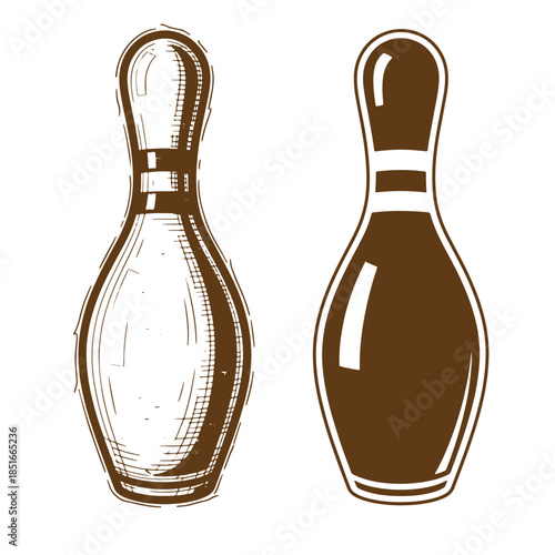 Two vector illustrations of bowling pins in vintage sketch style and clean modern design