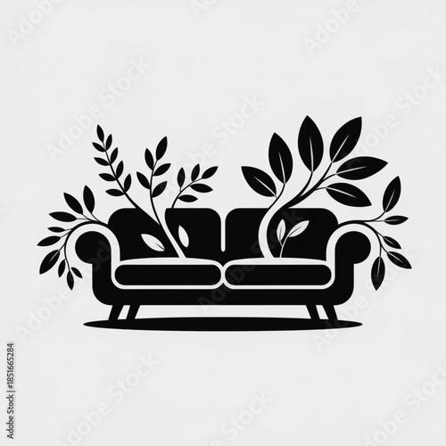 Sofa with leaves growing out of it in black and white