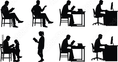 Human silhouettes reading books working on computer parenting child education lifestyle activities concept isolated black figures set white background vector illustration collection study office