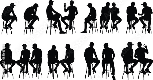 Male silhouettes sitting on bar stools, people conversation poses, black shadow figures, casual seating postures, group discussion concept, isolated on white background