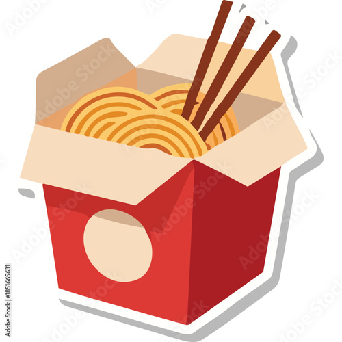 Stylized illustration of a red take-out noodle box with chopsticks