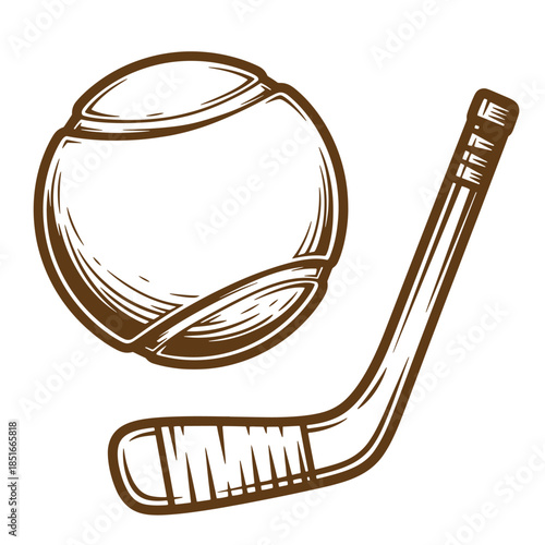 Vintage sketch illustration of hockey stick and puck isolated on white background