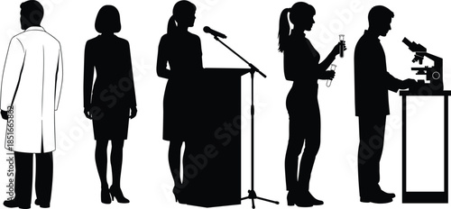 Scientific career silhouettes showing researcher doctor scientist presenter laboratory technician microscope podium professional science education innovation healthcare technology concept