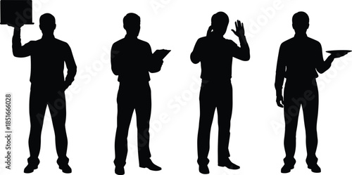 Silhouette business people standing, holding sign clipboard phone tray, teamwork communication concept, professional workers outline isolated on white background illustration