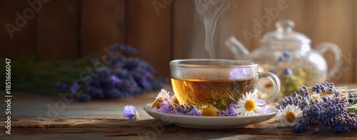 The teacup of steaming chamomile and lavender herbal tea on rustic wooden table