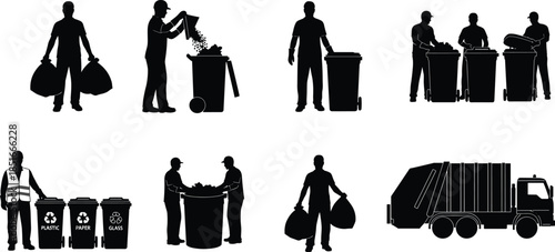 Silhouette waste management workers, garbage collection process, recycling bins, sanitation services, trash disposal, cleaning city environment, industrial vector illustration set, 