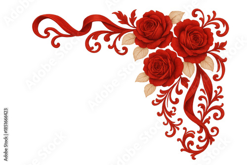 Red roses floral corner border illustration with elegant ribbons and scrollwork offering vintage romance design element