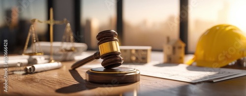 The Gavel on Desk Beside Construction Helmet, Scales, Contracts and Blueprints
