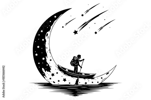 Dreamlike imagery of a lone traveler navigating a crescent moon in a starry night sky aboard a small boat, symbolizing adventure and the cosmic journey