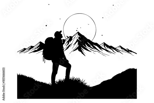 A lone explorer stands in silhouette against a majestic mountain range under a full moon, embodying the spirit of wilderness adventure and peaceful contemplation
