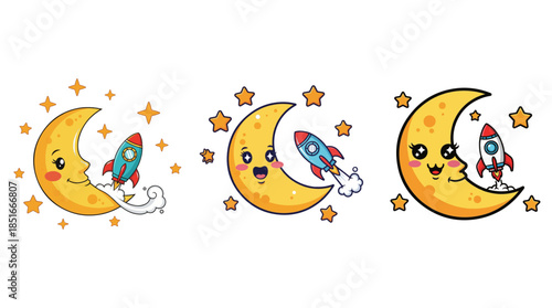 Cute cartoon crescent moons with smiling faces and a rocket ship flying past them, surrounded by stars, in a whimsical and playful illustration perfect for children's themes