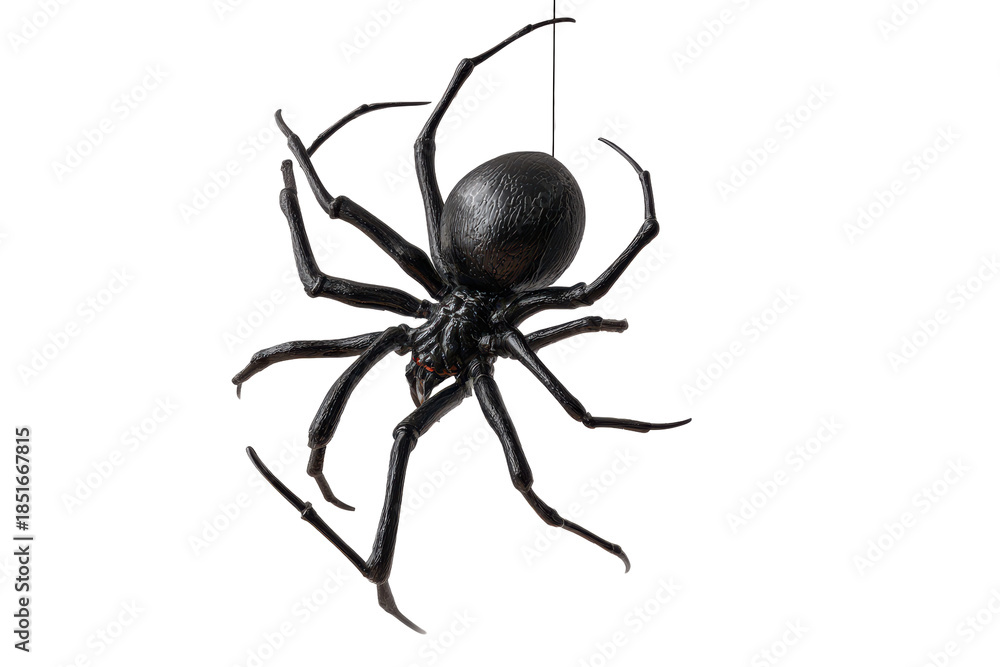 Obraz premium Large black spider hanging on a thin line from the ceiling with eight long legs in a simple indoor setting during daylight
