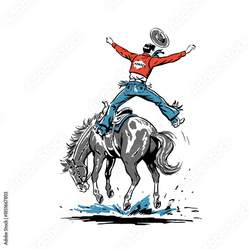 Vintage rodeo cowboy, bronco rider illustration, wild west champion, bucking horse, retro western sports graphic design, isolated vector art, american style