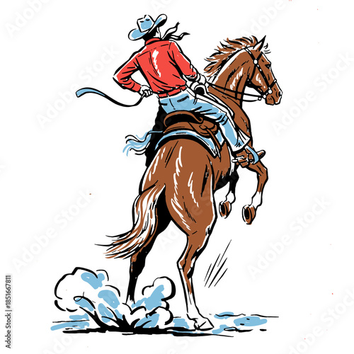 Cowboy on bucking horse vintage mascot illustration, wild west rodeo dynamic action, retro comic style, western horseback riding print design, rancher apparel