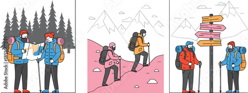 Hiking and Camping Vector Illustration Set with Various Backpackers Mountain Landscapes Tents Campfire and Outdoor Adventure Equipment for Travel Design