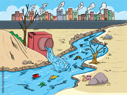 Science of hand drawn vector water pollution - industrial waste or sewage dumped in river vector clipart.