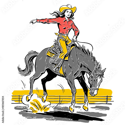 Cowgirl riding bucking bronco, vintage rodeo illustration, retro wild west pin up art, western apparel design, horse riding action graphic, comic book style, pop art, cowgirl sign, texas theme