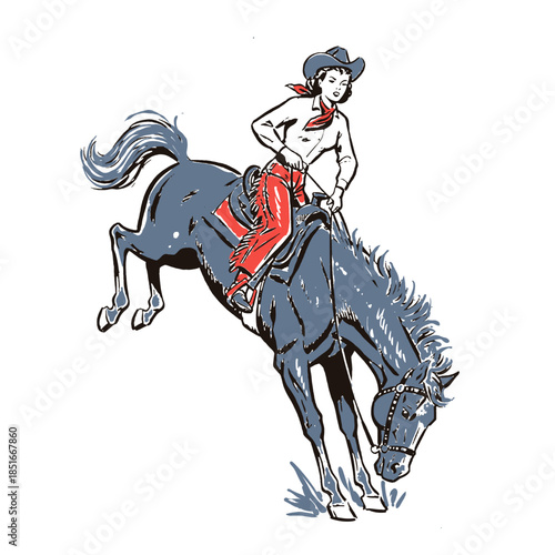 Vintage cowgirl bronc riding, western rodeo illustration, retro woman rider on bucking horse, wild west sport vector, cowgirl drawing, graphic apparel print