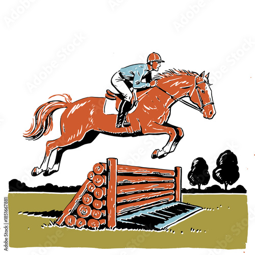 Equestrian horse jumping vintage illustration, jockey rider cross country obstacle jump, steeplechase, show jumping sport, retro woodcut art, eventing race, galloping action