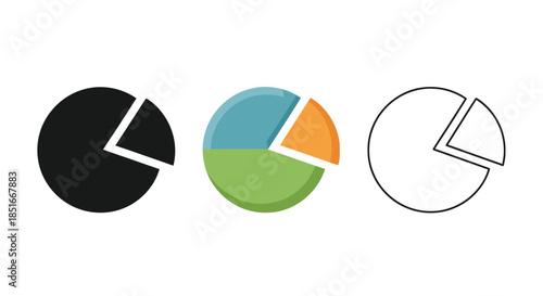 Set of three pie chart icons for data visualization statistics and proportions in solid black, colorful 3D, and outline styles