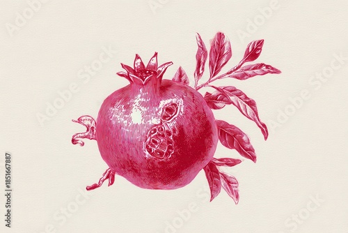 Pomegranate illustration featuring detailed lines and leaves on a light background