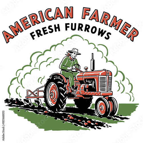 American Farmer Fresh Furrows vintage illustration, retro farming tractor print, agricultural design, farm life art, mid-century graphic, rustic, harvest, plowing