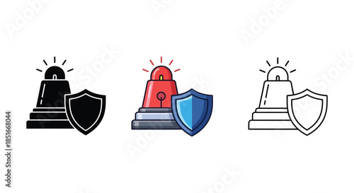 Set of three security and protection icons representing alarm system in solid black, color, and outline styles