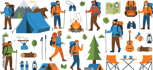 Camping and Hiking Vector Illustration Set Featuring Various Backpackers Tents Campfire and Outdoor Adventure Equipment for Nature Travel and Trekking Design