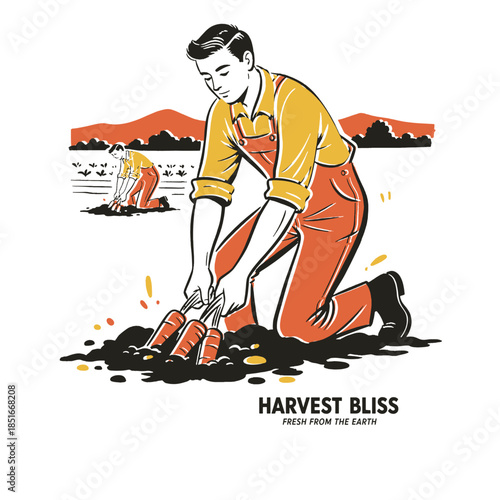 Retro farmer illustration, vintage harvest bliss, man pulling carrots, agriculture vector, organic food, fresh from earth, gardening, farming design, worker, mid-century style