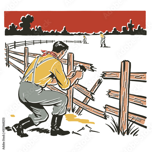 Retro vintage worker fixing broken wooden fence, ranch illustration, man with hammer, repair, maintenance, construction, DIY, rural, Americana, 1950s