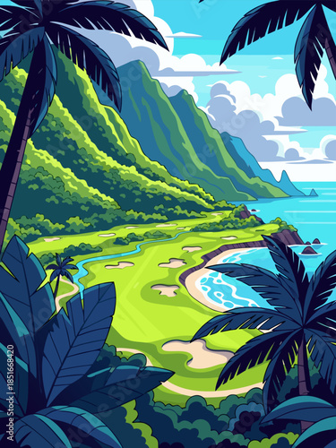 Tropical island golf course with lush green fairways and stunning ocean views, framed by palm trees