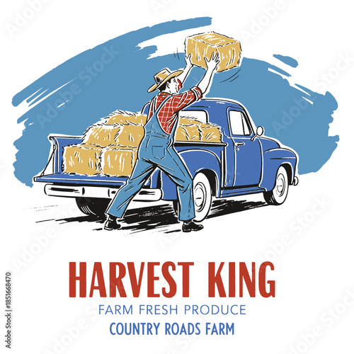 Vintage farmer loading hay bales onto classic blue pickup truck, agriculture, retro screen print illustration, farm harvest work, country living