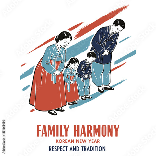 Korean New Year family harmony Seollal tradition bowing Sae Bae illustration, Hanbok cultural greeting respect vintage print artwork, Asia holiday heritage.