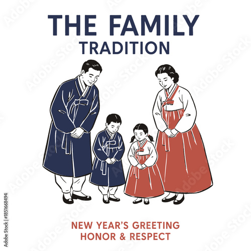 Korean New Year tradition family illustration, Seollal, traditional costume Hanbok, Asian culture greeting, vintage retro line art, parents children, respect honor